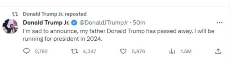 Старший син Дональда Трампа повідомив, що батько помер: що сталося